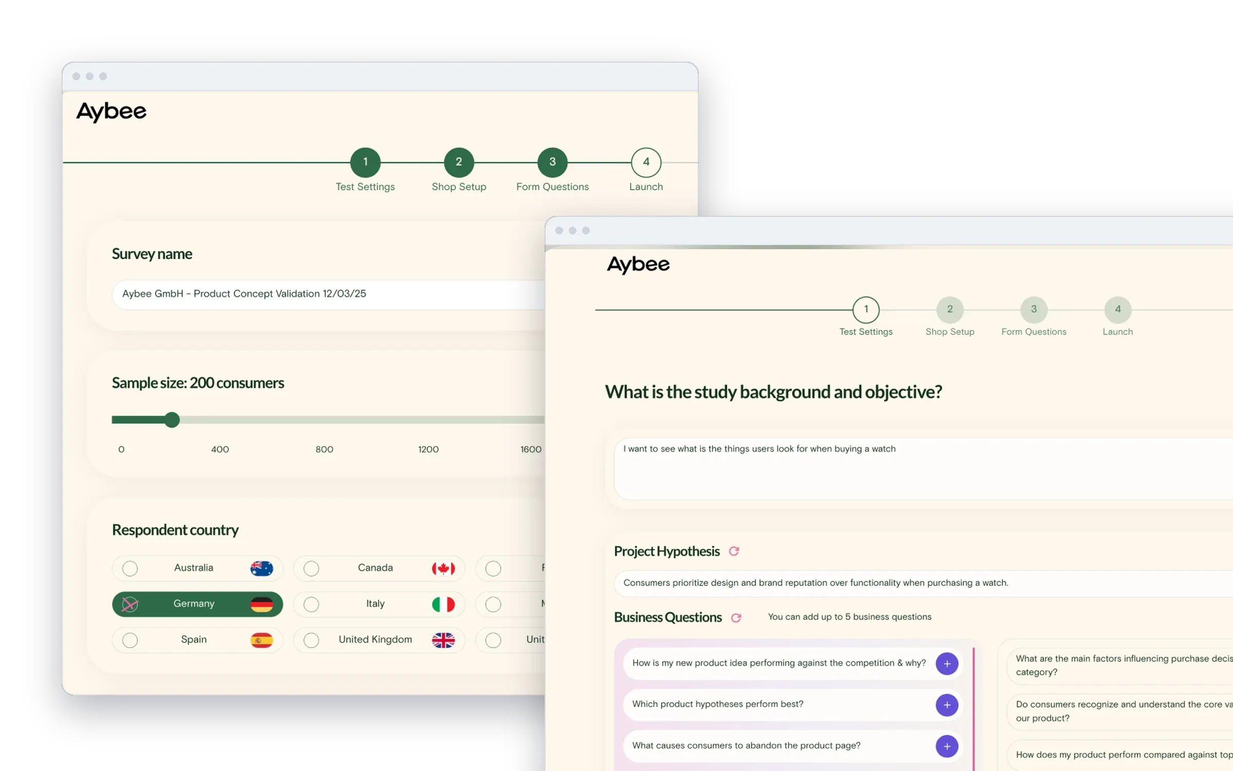Aybee's self-service study setup: test settings, sample size and respondent countries, then the study's objective and business questions.