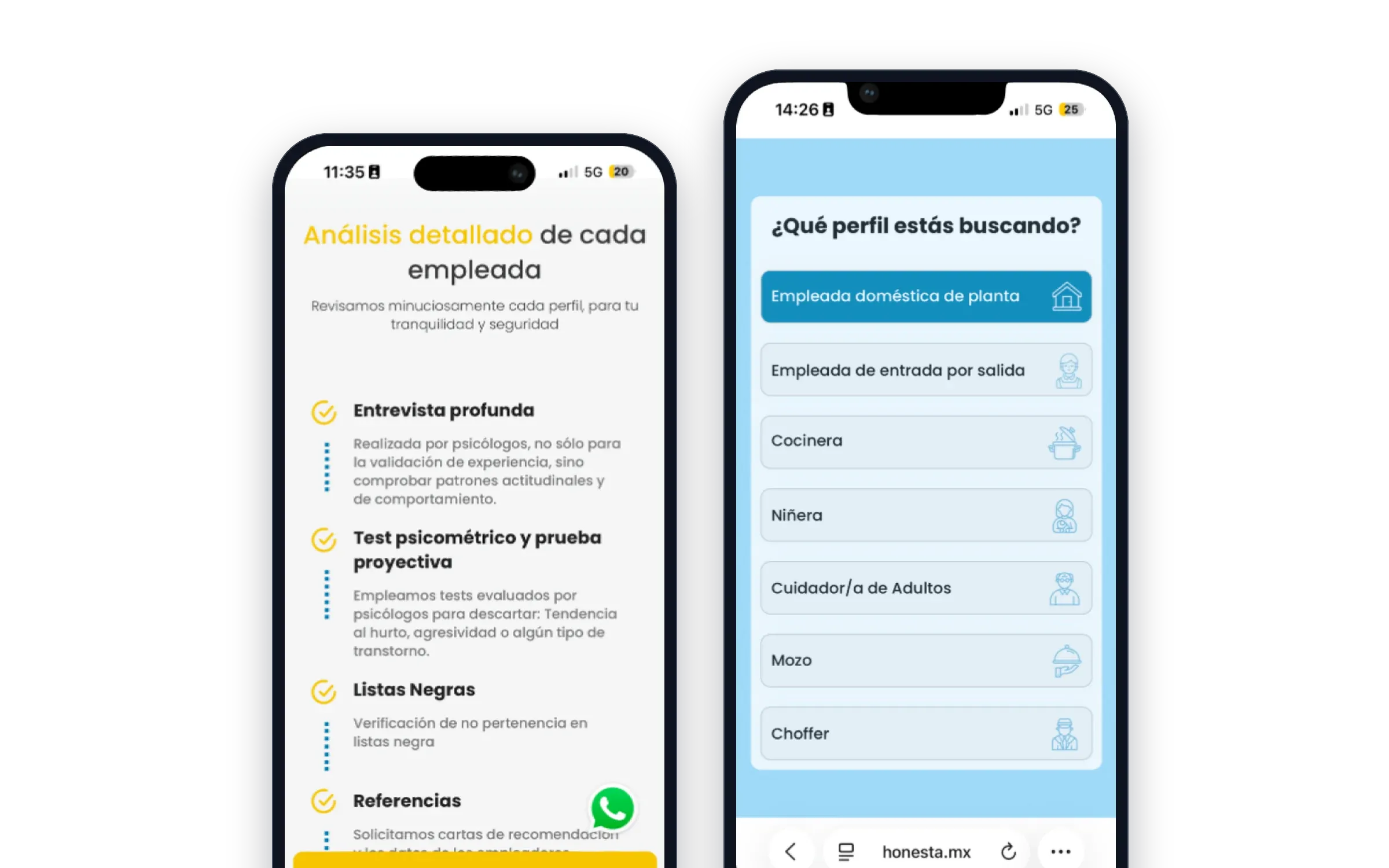 Honesta's request flow on two phones: the checks on each candidate, from an in-depth interview to references, and choosing the type of domestic staff.
