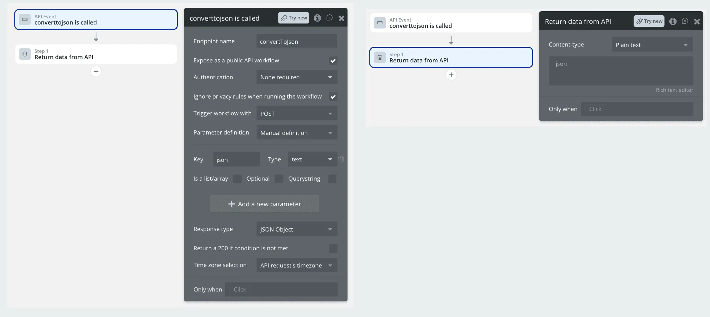 Bubble backend workflow “converttojson”, exposed as a public API workflow with one text parameter, json, and a step that returns the data as plain text.