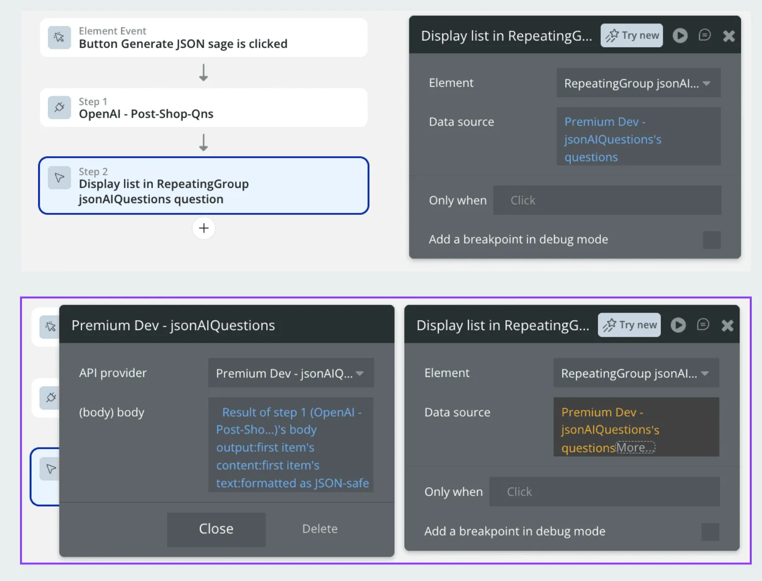 Workflow where step 1 calls OpenAI and step 2 sends its response, formatted as JSON-safe, to the jsonAIQuestions call and shows the questions in a repeating group.