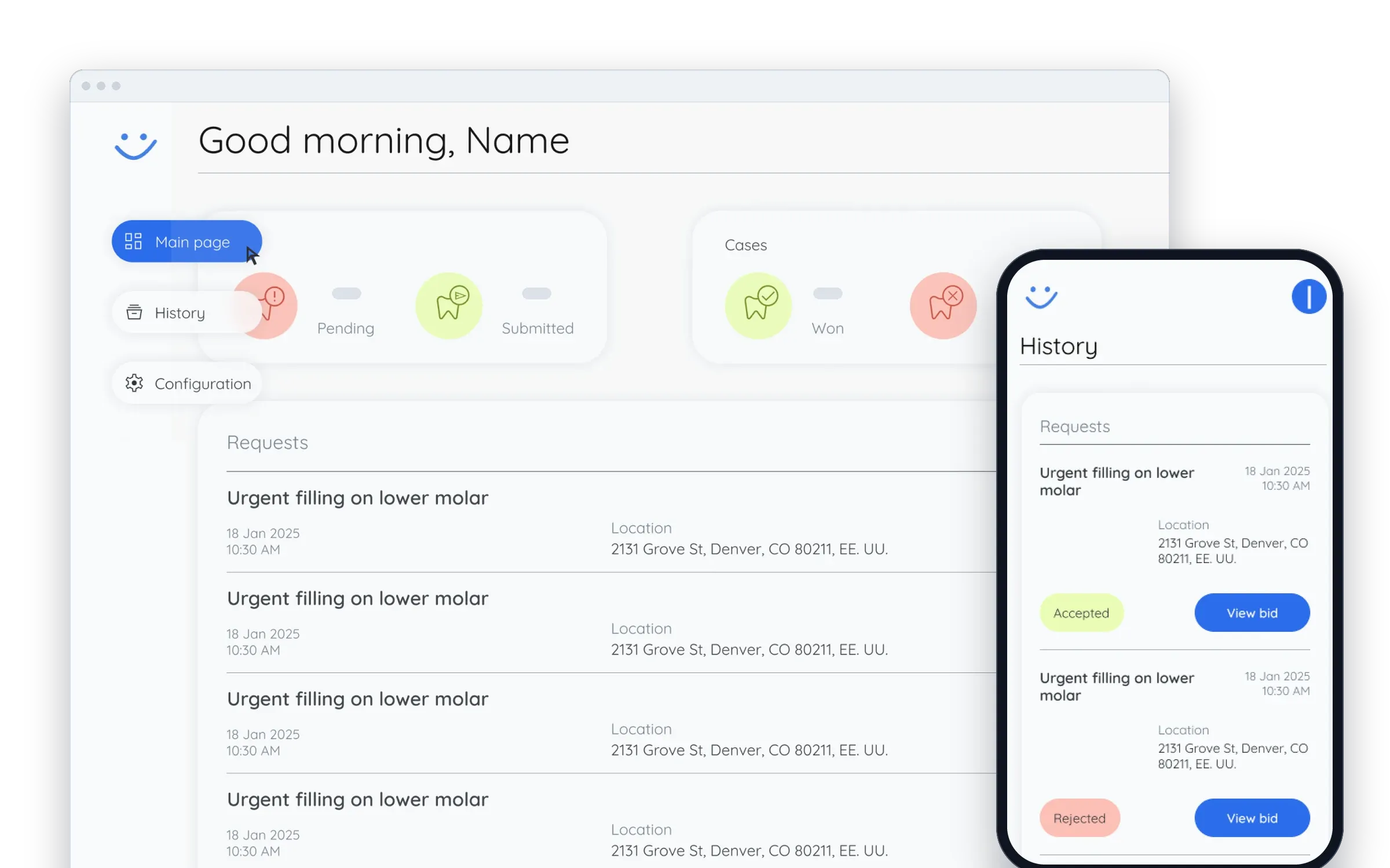 Smile Bid's dentist dashboard: pending and submitted bids, won and lost cases, and patient requests with date and location, plus the request history on a phone.